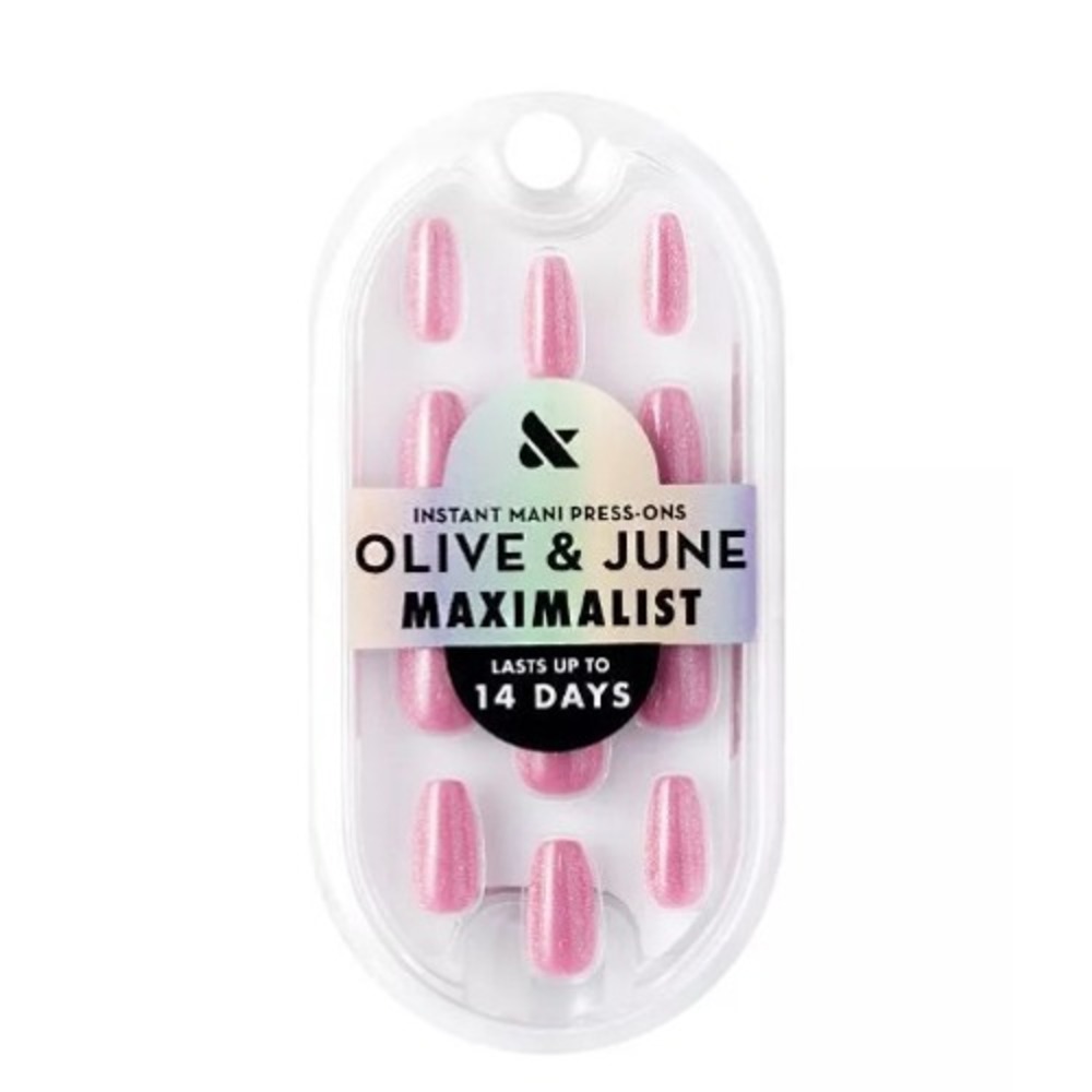 Olive and June Rose Velvet Maximalist Press-On Nails Pink Glitter-Coffin Medium